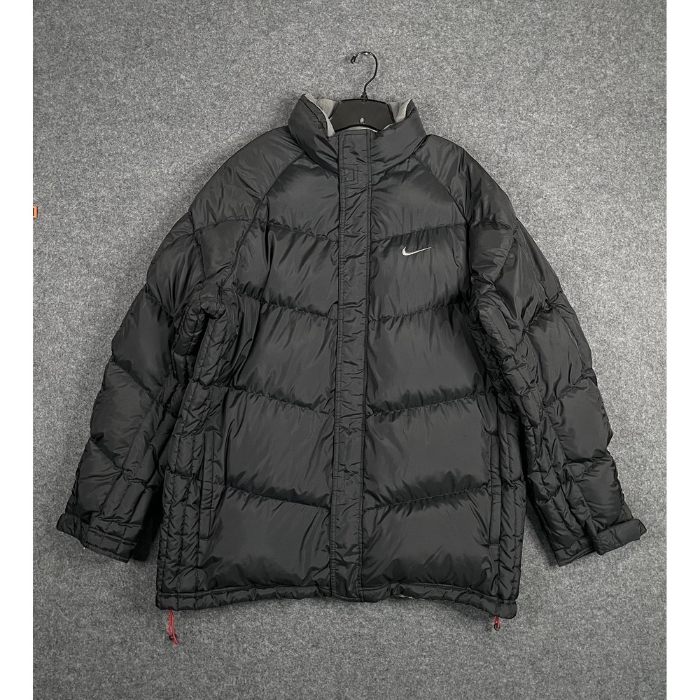 Vintage Nike Puffer Jacket Mens XL Black Center Swoosh Down Bubble Coat Y2K